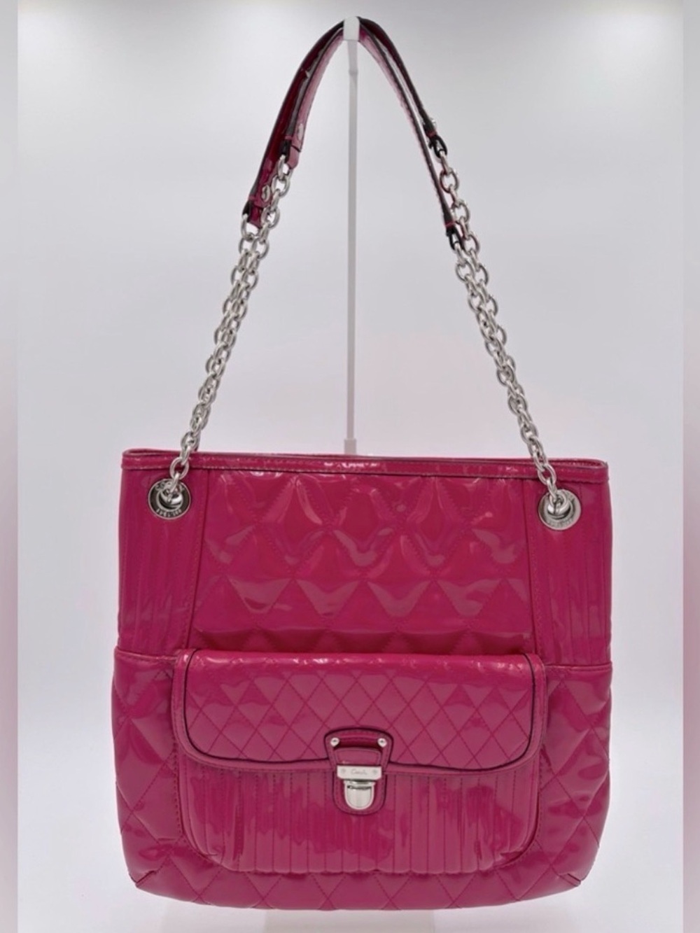 Coach Hot Pink Quilted Patent Shoulder Bag with Silver Chain